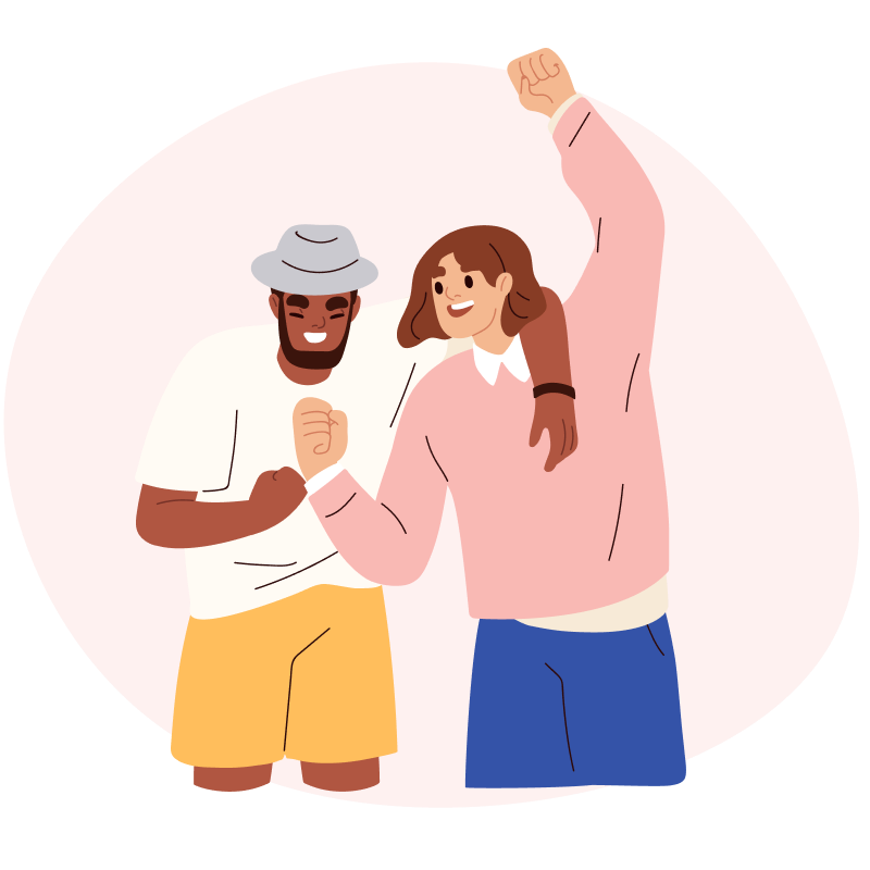 Illustration of two young people with their arms around each other and cheering