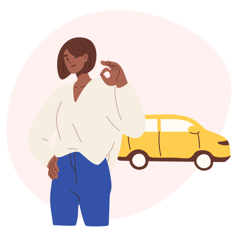 Support long term youth with mentorship and volunteering. Illustration of a young woman standing in front of a car