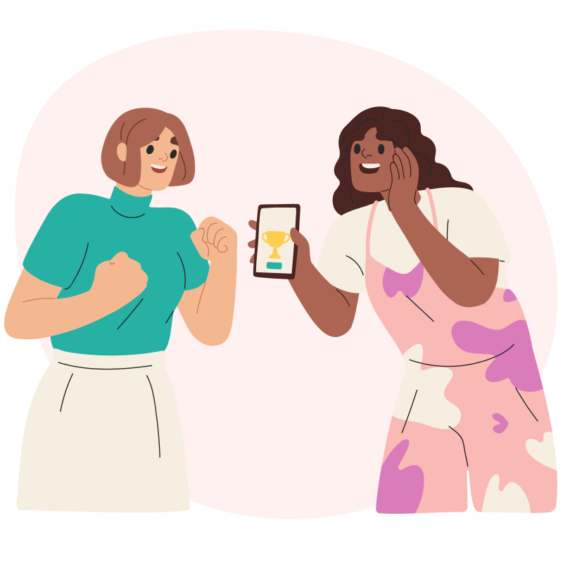 Support long term youth with mentorship and volunteering. Illustration of two young women looking at a mobile phone screen