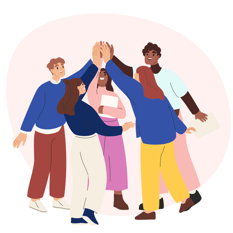 Support long term youth with mentorship and volunteering. Illustration of five young people high-fiving each other
