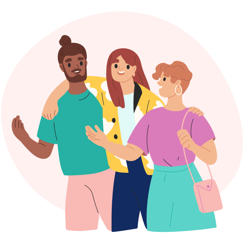 Illustration of three young people with their arms around each other. Support long term youth with mentorship and volunteering.